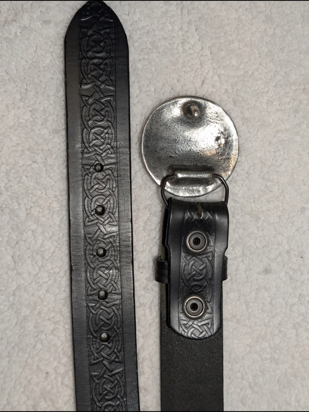 Lee River Black Leather Belt Men's LG 36/38 Tree of Life Metal Buckle Ireland